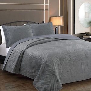 Soft Velvet Basket Weave Stripe 3-Piece Solid Dark Gray Polyester Cotton King Quilt Bedding Set