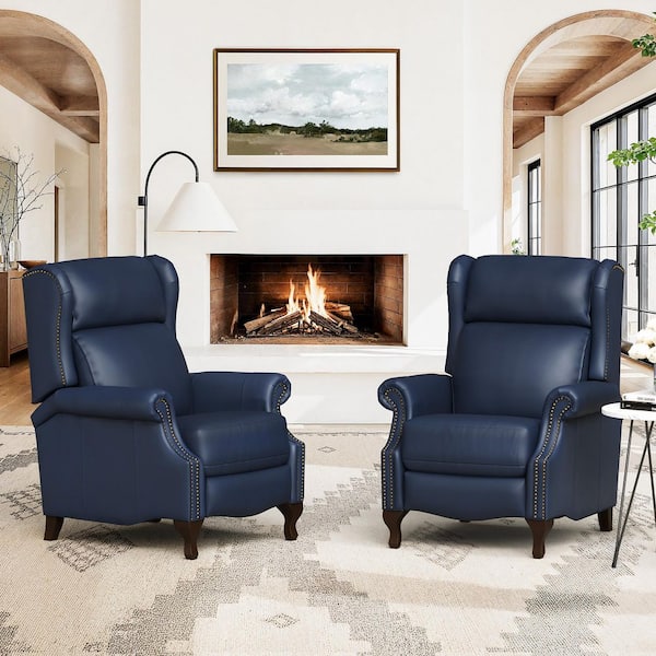 Baldridge 35 in. Navy Genuine Leather Recliner with Adjustable Push Back Footrest and Nailhead Trim(Set of 2)