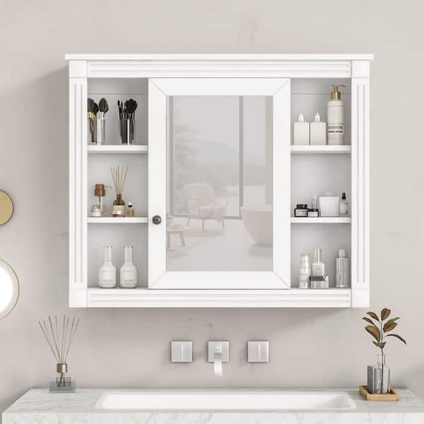 35 in. W x 28.7 in. H Rectangular MDF Medicine Cabinet in White with Mirror and 6-Open Shelves