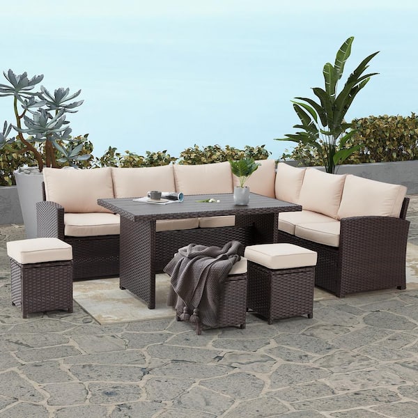 Cesicia 7-Piece Wicker Outdoor Sectional Sofa Set Patio Conversation Set with Khaki Cushion for Garden Lawn, Balcony