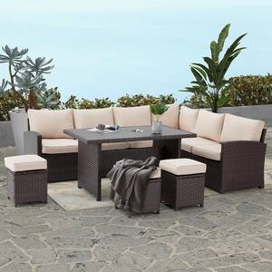 7-Piece Wicker Outdoor Sectional Sofa Set Patio Conversation Set with Khaki Cushion for Garden Lawn, Balcony