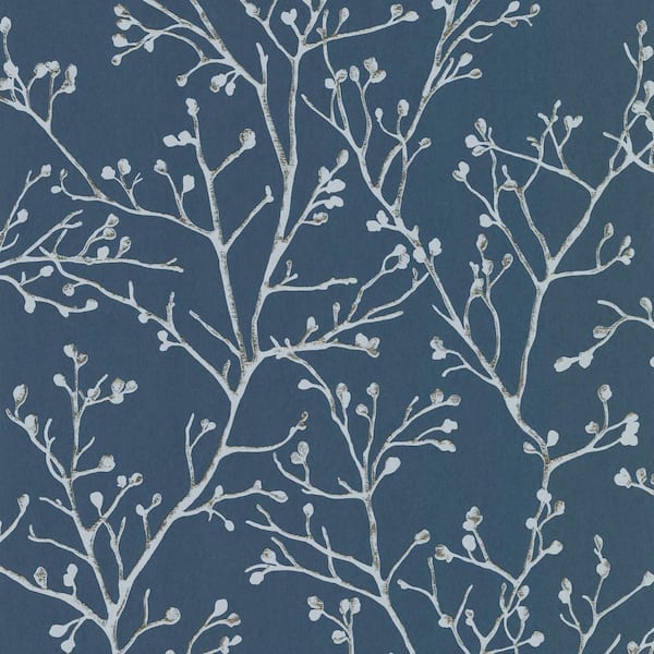 A-Street Prints Koura Sapphire Budding Branches Non Woven Paper Non-Pasted Textured Metallic Wallpaper