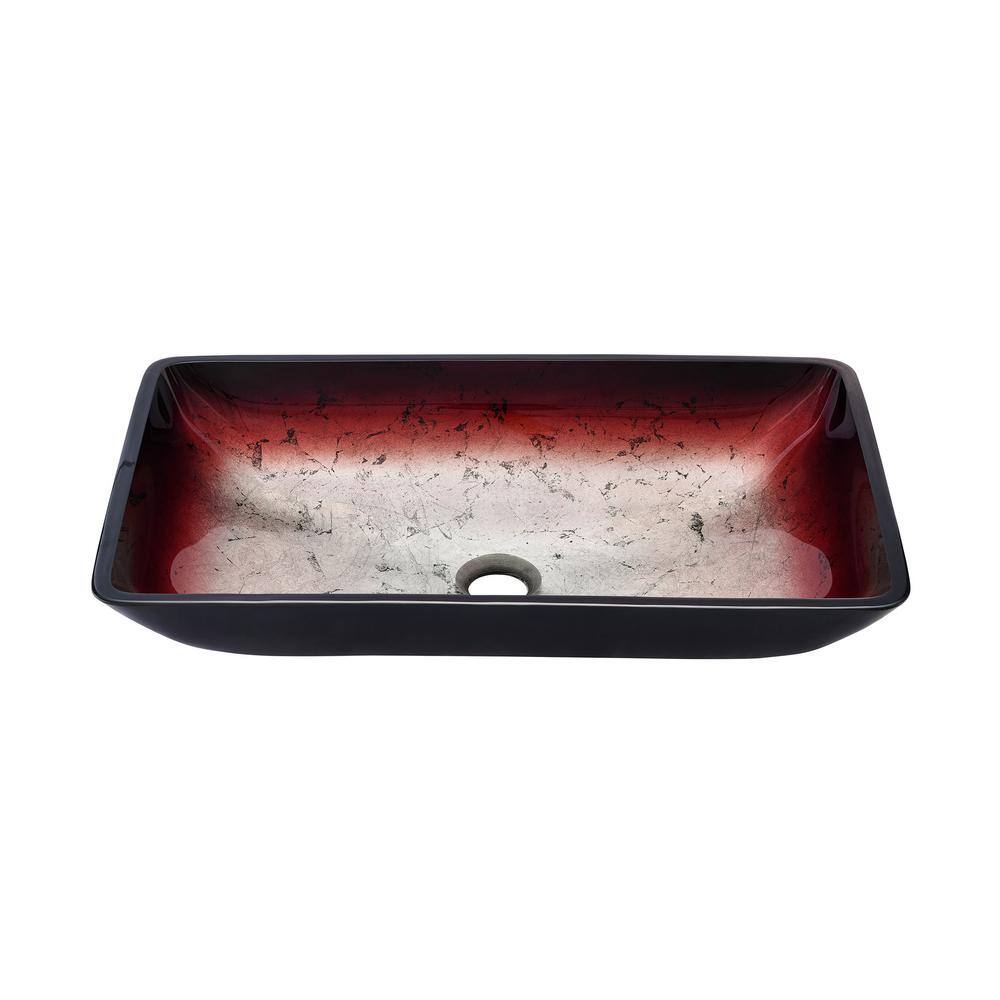 Ember Red Rectangular Glass Vessel Sink with Waterfall Faucet