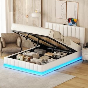 White Wood Frame Full Size PU Leather Upholstered Platform Bed with Hydraulic Storage System, LED Lights, USB Charging