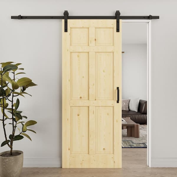 32 in. x 80 in. 6-Panel Unfinished Solid Core Pine Wood Sliding Barn Door with Hardware Kit