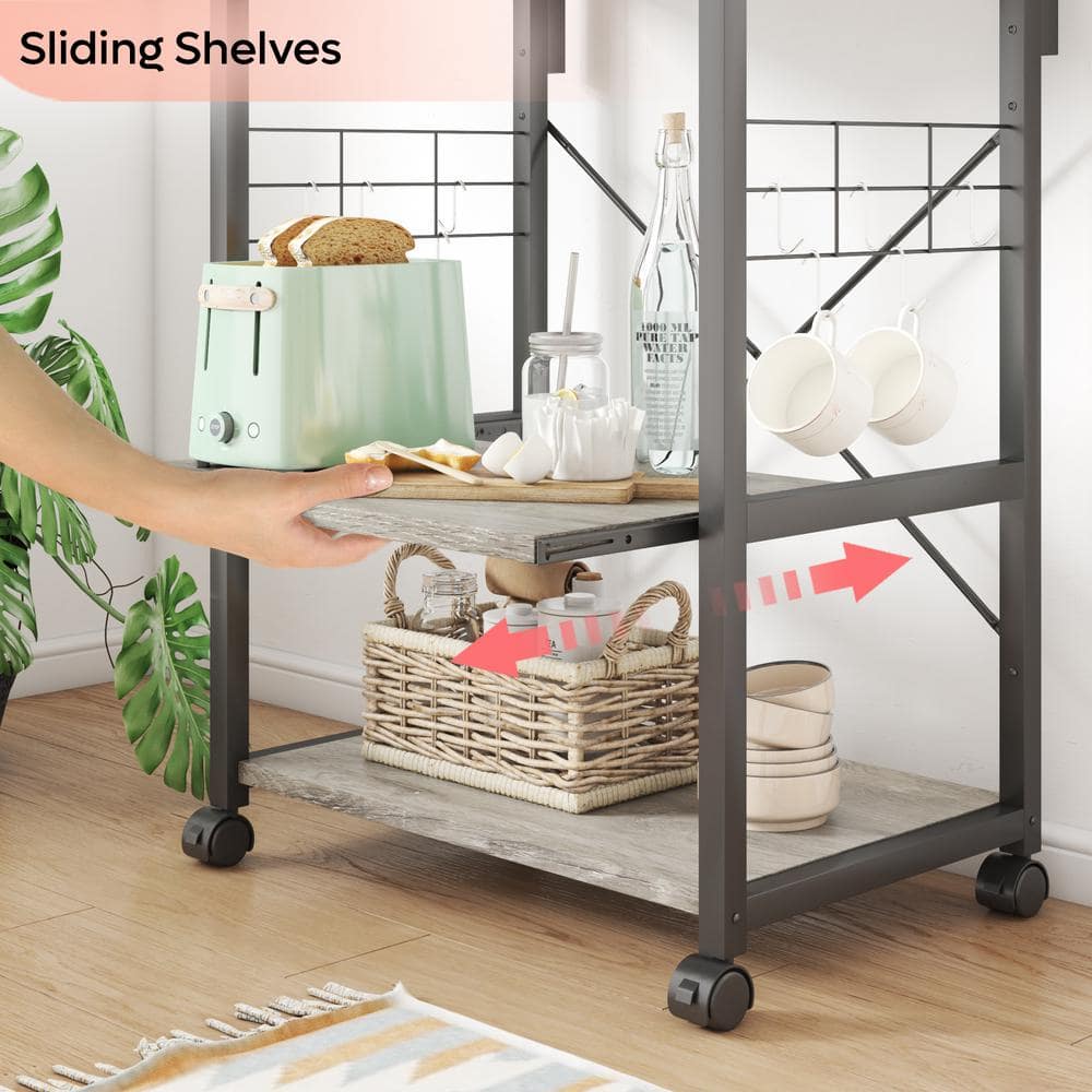 Vintage Light Grey 4-Tier Kitchen Bakers Rack with Wheels