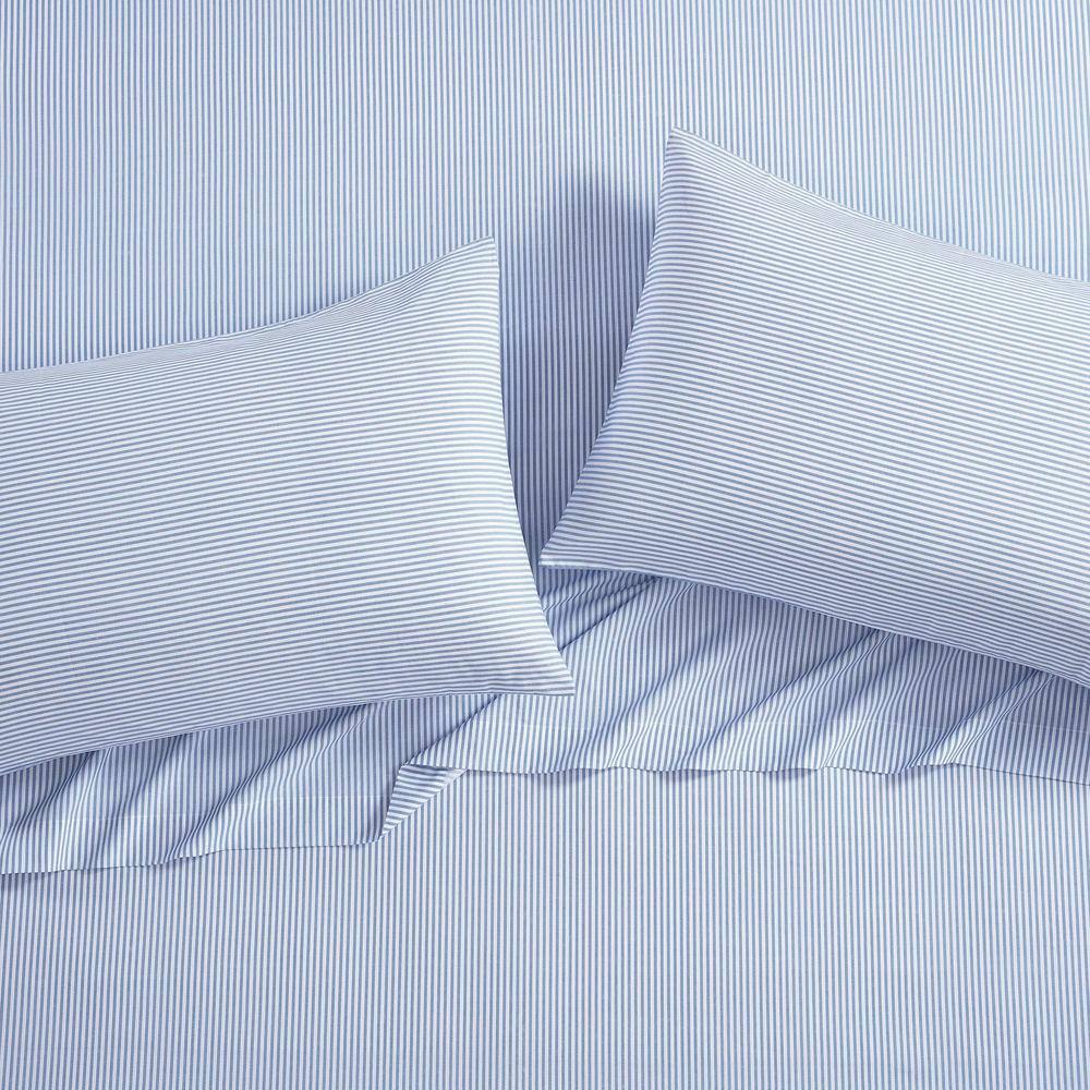 Queen Blue and White Cotton Percale Fitted Sheet Set
