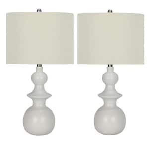25.5 in. White Contemporary Stacked Indoor Table Lamp Set with Decorator Shade and (Set of 2)