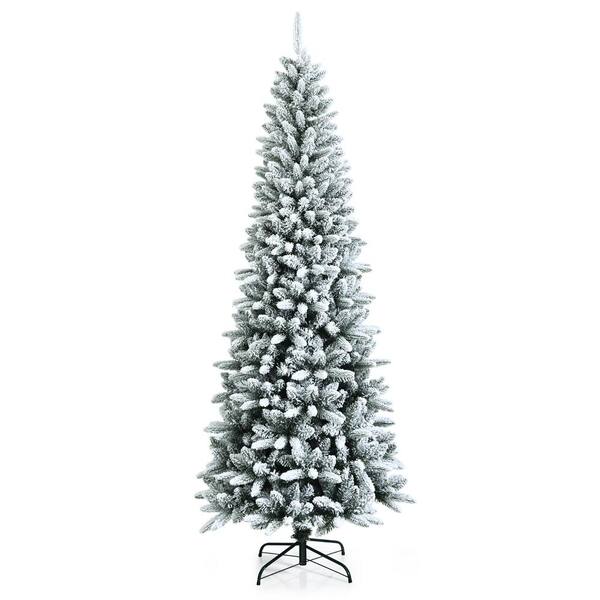 Costway 7.5ft Snow-Flocked Hinged Artificial Christmas Pencil Tree w/1189 Mixed Tips
