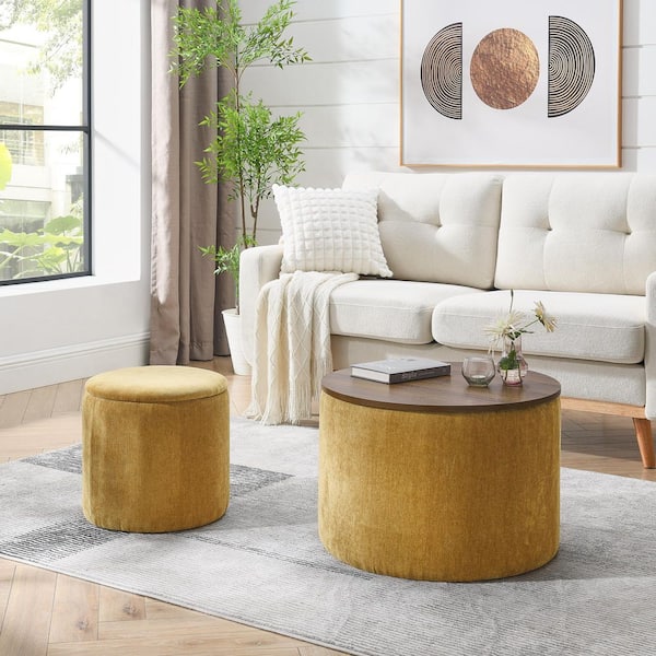 Jett 2-piece Dark Yellow Modern Upholstered Chenille Round Storage Ottoman, MDF+Iron