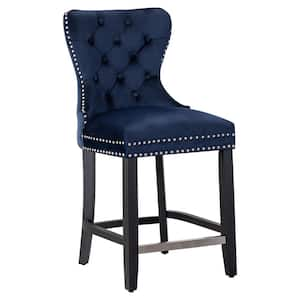 Harper 24 in. High Back Nail Head Trim Button Tufted Navy Blue Velvet Counter Stool with Solid Wood Frame in Black