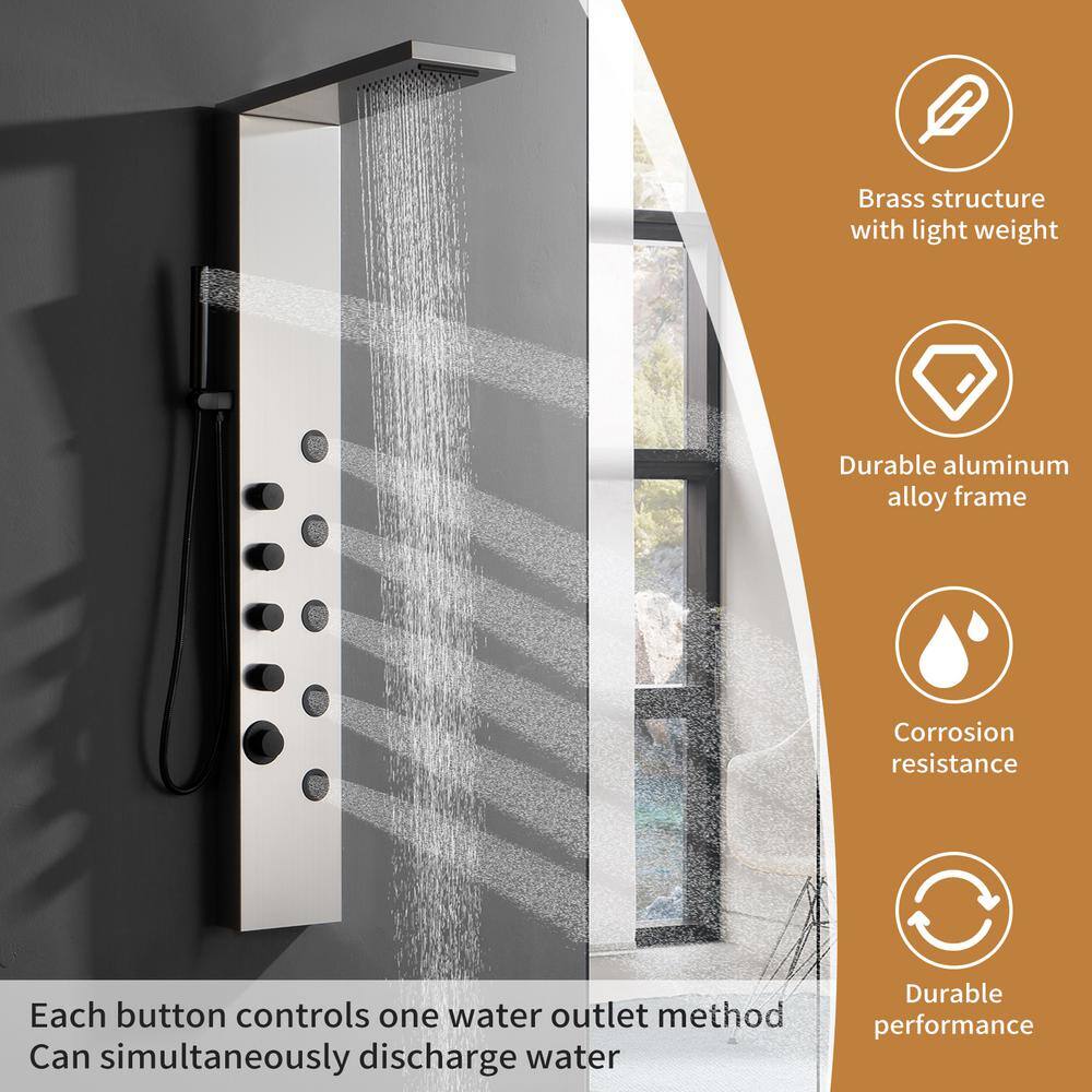 Brushed Nickel 5-Jet Rainfall Shower Panel System with Handheld Wand