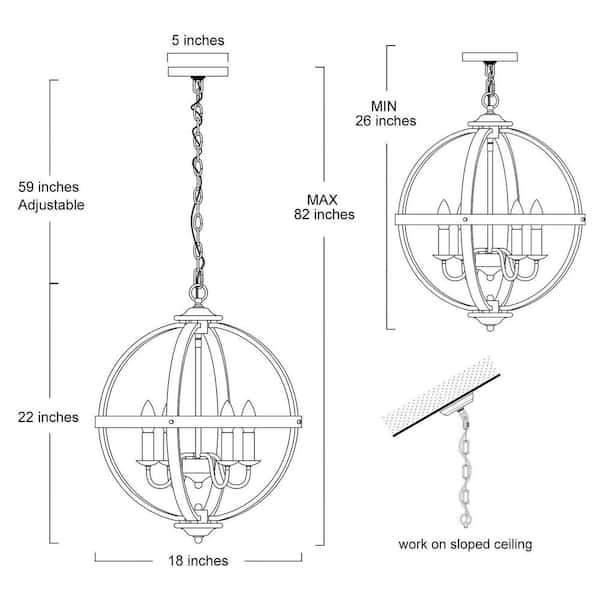 LNC Rustic Globe Candlestick Brushed Silver Chandelier 4-Light 