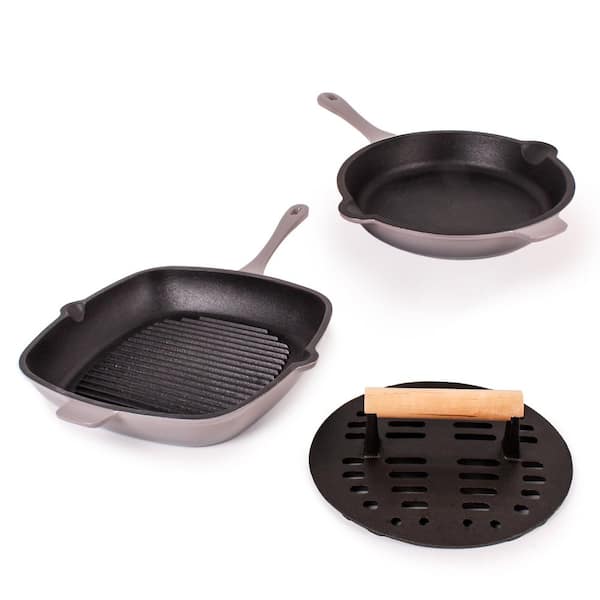 BergHOFF Neo 3-Piece Cast Iron Fry Pan and Grill Pan Set with Slotted Steak Press, Oyster