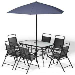 8-Piece Gray Outdoor Patio Folding Rectangular Table and Chair Set with Umbrella