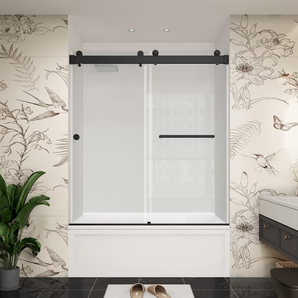 YINVANI 60 in. W x 66 in. H Double Sliding Frameless Soft Close Bypass Bath Tub Door in Matte Black with 3/8 in. Clear Glass