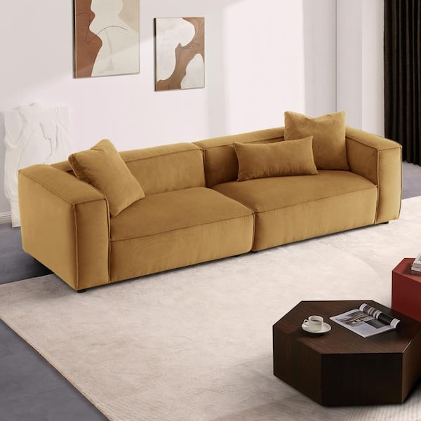Ashcroft Furniture Co Cadence 110 in. Square Arm Velvet Rectangle Sofa in. Cognac Brown