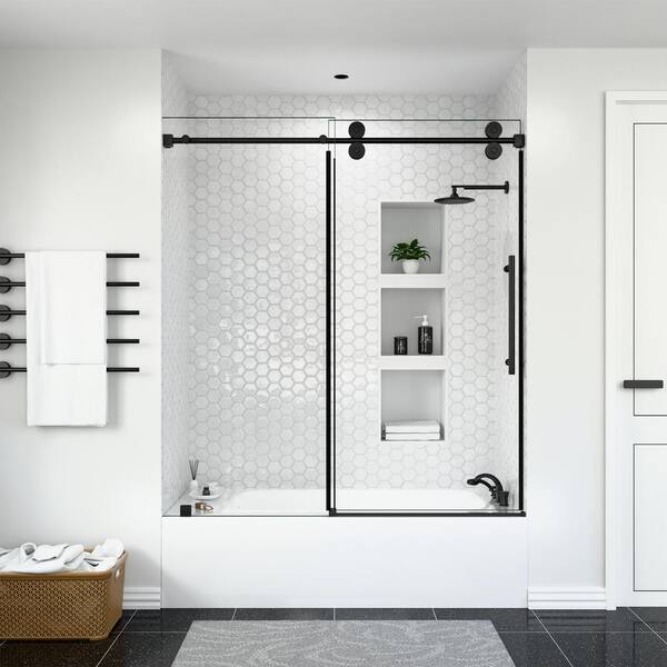 mortix Serena 60 in. W x 66 in. H Sliding Frameless Tub Door in Matte Black with 3/8 in. (10 mm) Tempered Clear Glass