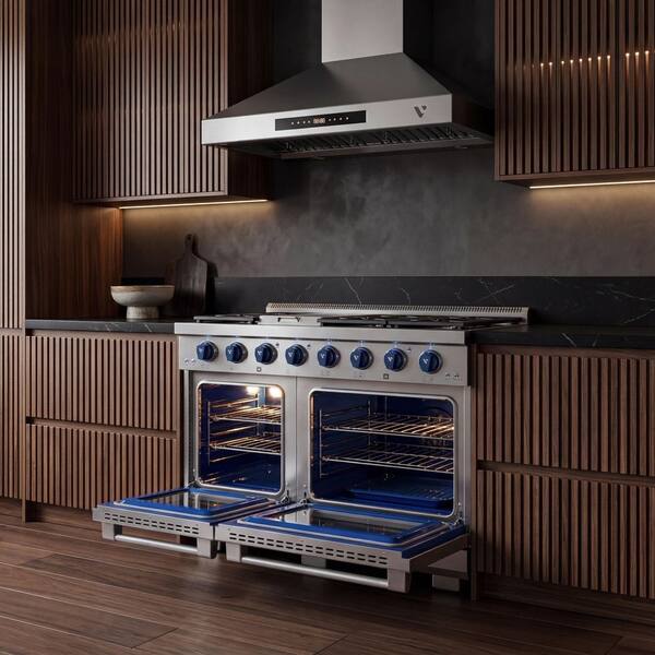 Randolph Pro 48 in. 5-German Brass Burners Freestanding Double Oven Natural Gas Stainless Steel Range, Blue LED Knobs