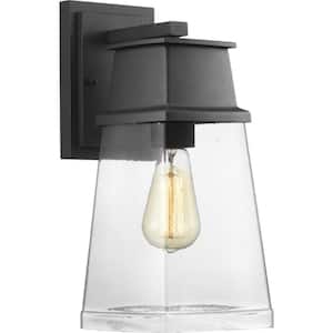 Greene Ridge Collection 1-Light Textured Black Clear Seeded Glass Craftsman Outdoor Medium Wall Lantern Light