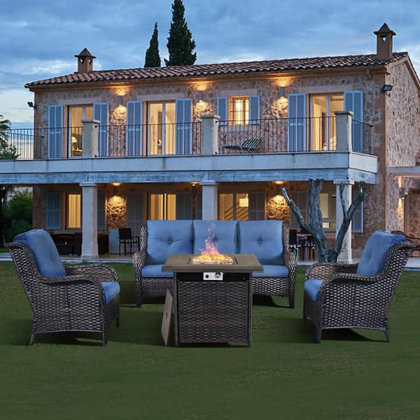 Gymojoy Carolina Brown 4-Piece Wicker Patio Fire Pit Seating Set with Blue Cushions