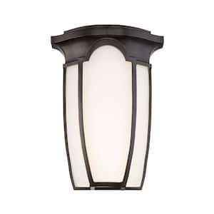 Tudor Row 9.25 in. Integrated LED Burnished Bronze Transitional Mediterranean Wall Sconce with Opal Glass Shade