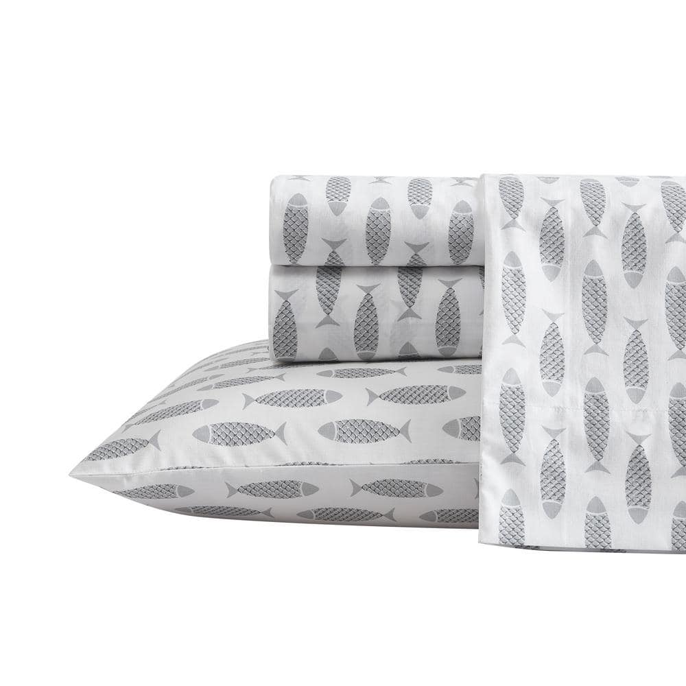 Gray Cotton Percale Queen Sheet Set with Fish Print