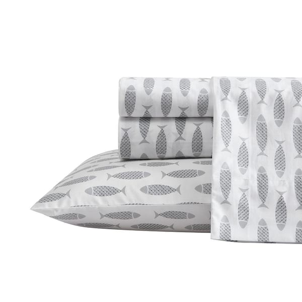 Nautica Woodblock 4-Piece Gray Cotton Queen Sheet Set