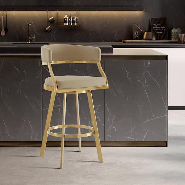 Armen Living Saturn 30 in. Light Sand Metal Bar Stool with Faux Leather Seat