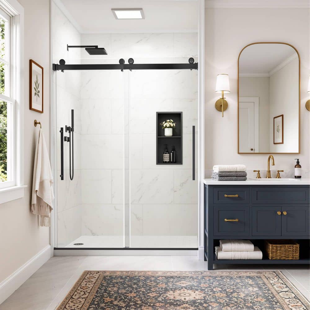Velusian 44-48 in. W x 74 in. H Double Sliding Semi Frameless