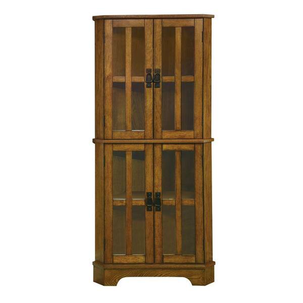 Benjara Brown Corner Curio Cabinet with Windowpane Style Door Fronts