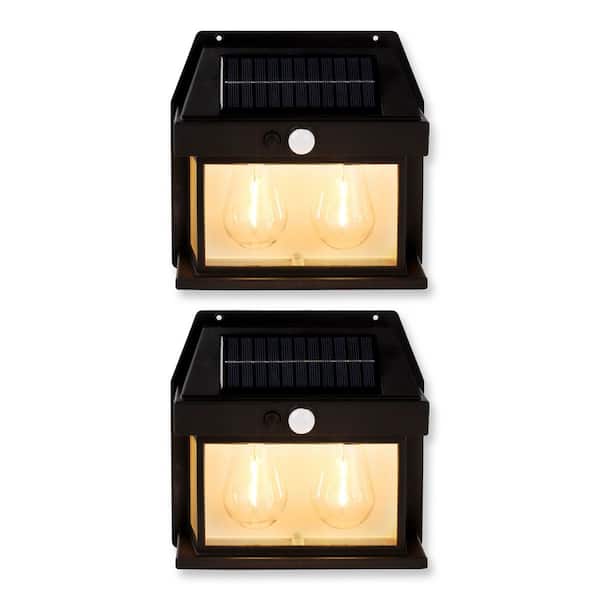 TECHKO 220 Lumen Motion Sensing LED Outdoor Solar Dual Edison Bulb Wall or Fence Light in Matte Black (2-Pack)