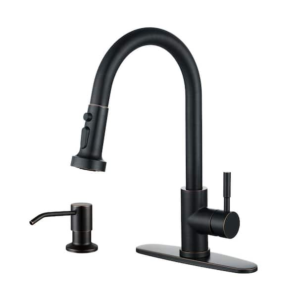 3-Function Single Handle Pull Down Sprayer Kitchen Faucet With Soap Dispenser in Oil Rubbed Bronze