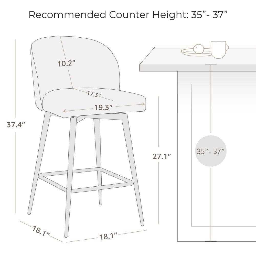 White Upholstered Swivel Counter Stools with Iron Legs, Set of 2