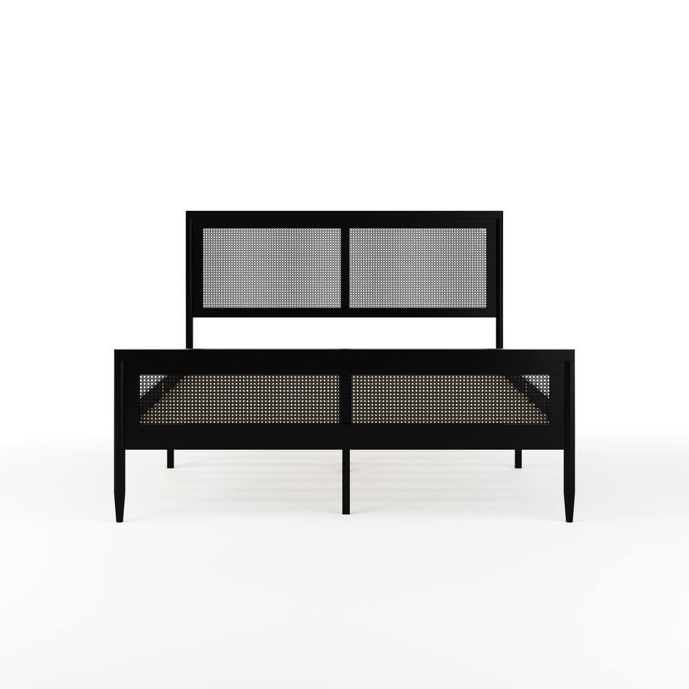 Black Queen Size Wood Platform Bed with Rattan Headboard and Footboard