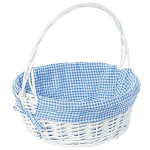 White Large Round Willow Gift Basket with Blue and White Gingham Liner and Handles