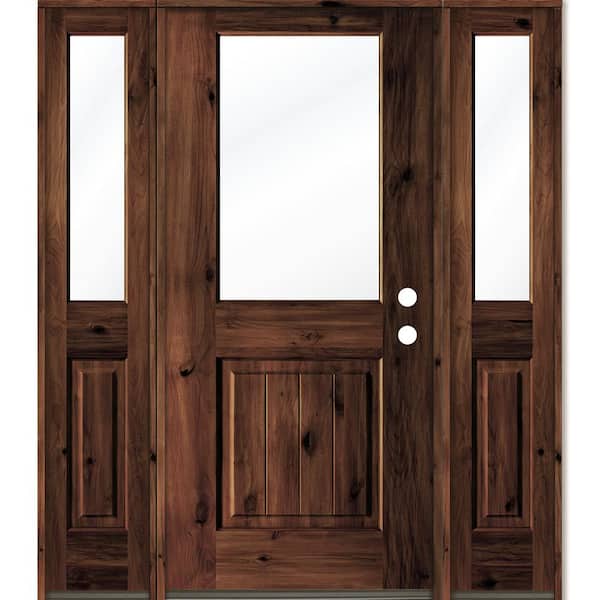 Krosswood Doors 64 in. x 80 in. Rustic Alder Wood Clear Half-Lite Red Mahogony Stain w.VG Left Hand Single Prehung Front Door/Sidelites