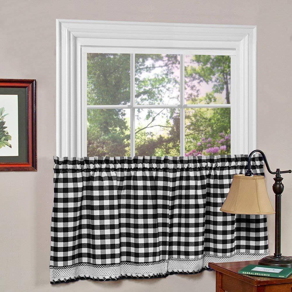 Black and White Gingham Scallop Tier Curtains 36" x 58"