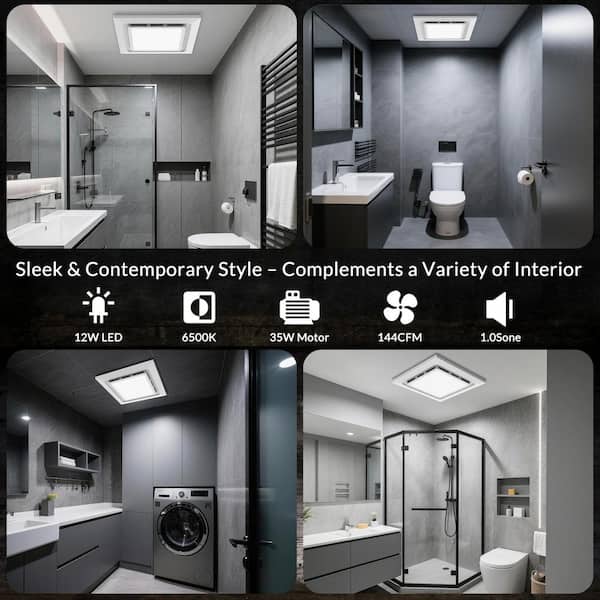 144 CFM Bathroom Exhaust Fan w/ Light, 11.8 in. Ceiling Vent Fan 1.0 Sone Quiet w/ 6500K 1200lm LED, Shower Laundry Room