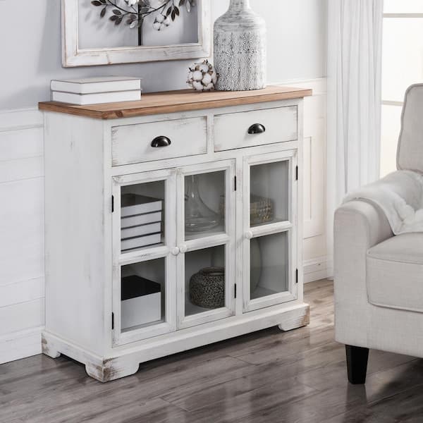 StyleCraft Antique White and Natural Wood Shabby Chic 3-Door 2-Drawer Window Pane Cabinet