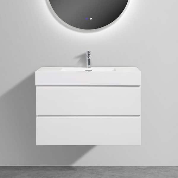INSTER NOBLE 36 in. W x 18 in. D x 25 in. H Single Sink Floating Bath Vanity in White with White Solid Surface Integral Top