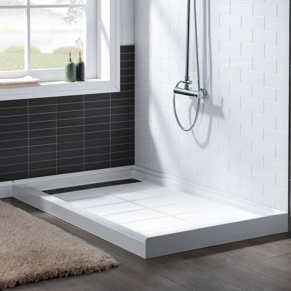 60" x 36" White Solid Surface Alcove Shower Pan Base with Left Drain