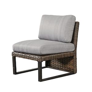 1-Piece Brown Wicker Outdoor Sectional Armless Chair with Gray Cushions