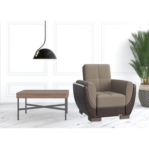 HomeRoots Amelia 38 in. Beige Microfiber Arm Chair with Tufted Cushions