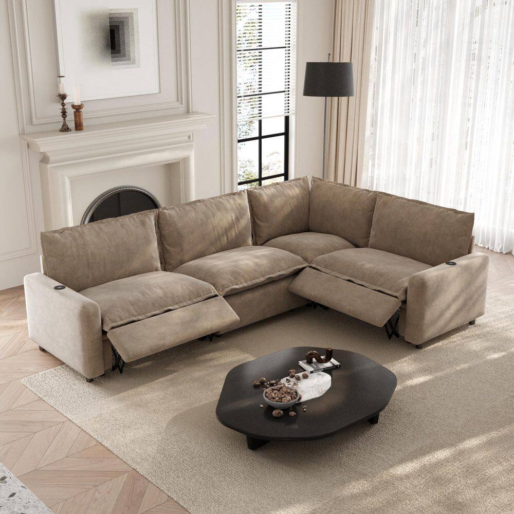 107 in.Square Arm Linen Electric Lift 4-Piece L-Shaped Modular Sectional Sofa with Heating,USB and Type-C Ports in Khaki