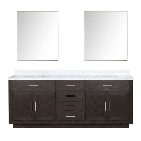 Condor 84 in W x 22 in D Brown Oak Double Bath Vanity, Carrara Marble Top, and 36 in Mirrors