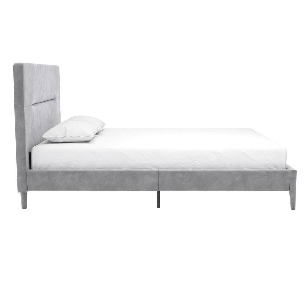 Full Light Gray Velvet Upholstered Platform Bed with Tufted Headboard