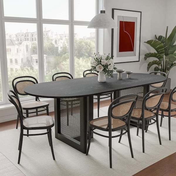 Dovelina Cinna Black Wood 79 in. Oval Double Pedestal Dining Table Seats 8