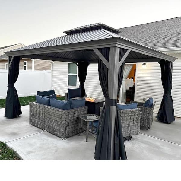 PURPLE LEAF 11 ft. x 13 ft. Light Gray Aluminum Power-Coated Frame Galvanized Steel Double Roof Hardtop Gazebo,Hooks Netting Curtain