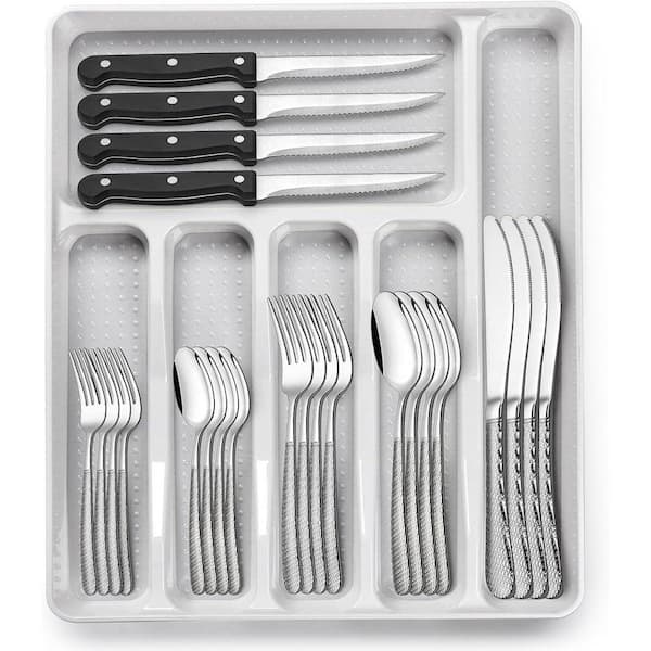 49-Piece Silver Stainless Steel Kitchen Hammered Flatware Cutlery Set with Organizer (Service for 8)